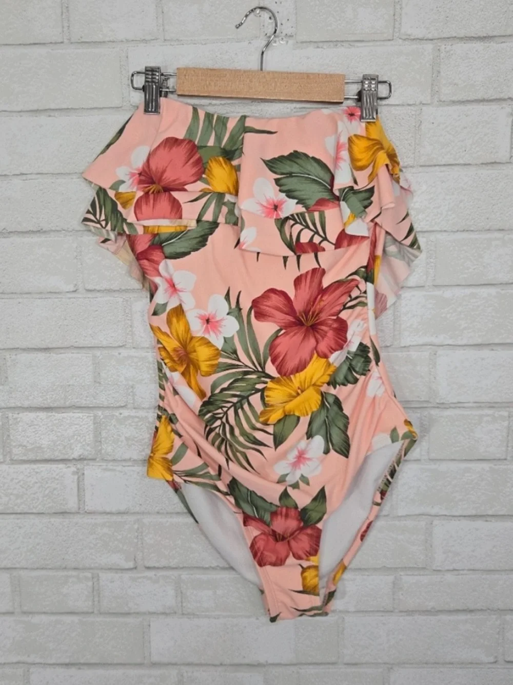 Kona Sol Pink Floral Ruffle One-Piece Swimsuit